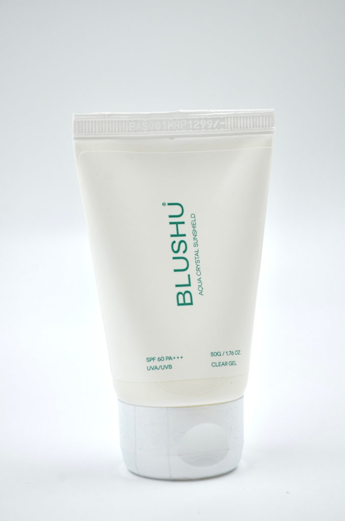Blushu AquaCrystal Sunshield Clear Gel 50g packaging tube front view